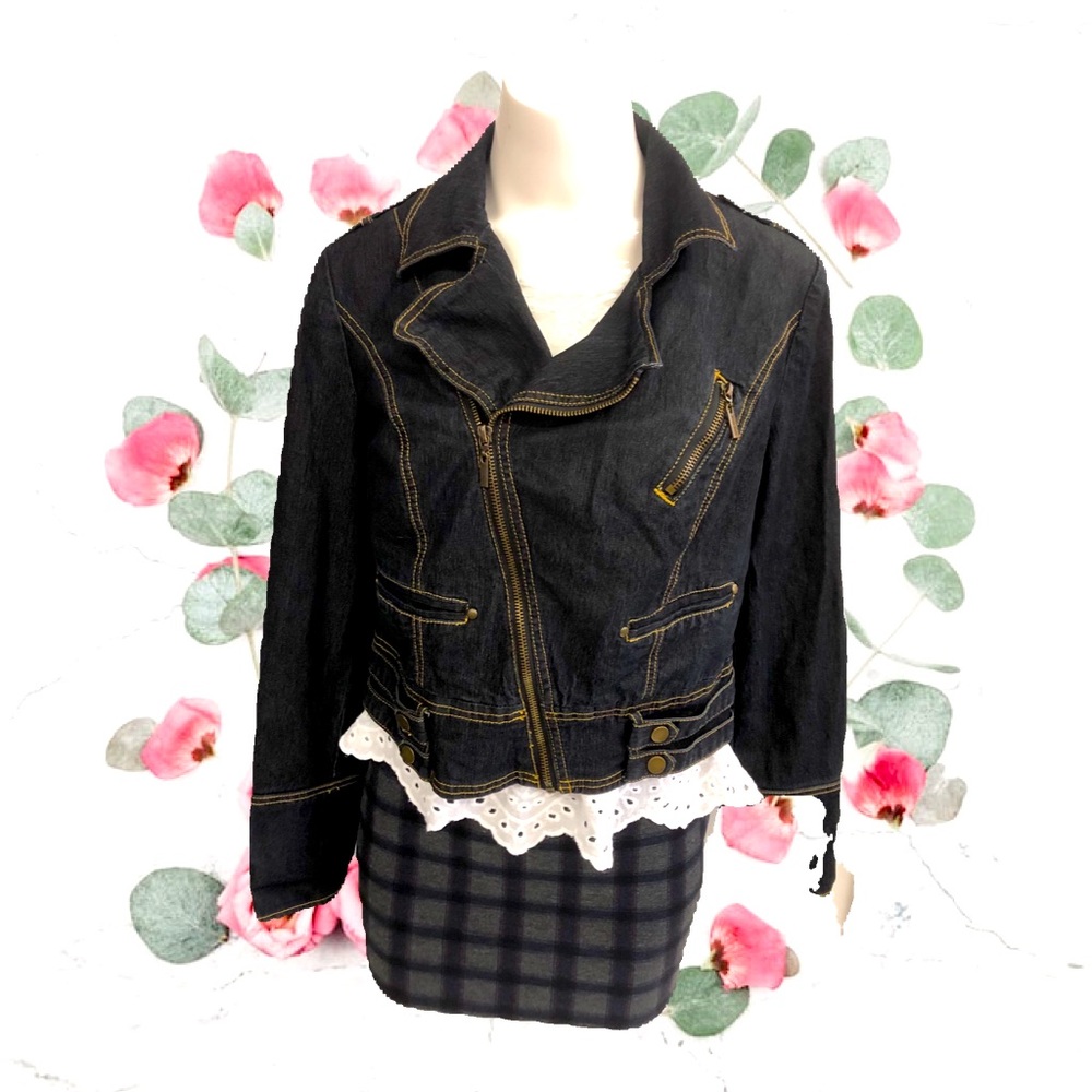 BISOU BISOU DARK GRAY DENIM CROPPED JACKET FRONT ZIPPER SIPPED CUFFS SIZE LARGE